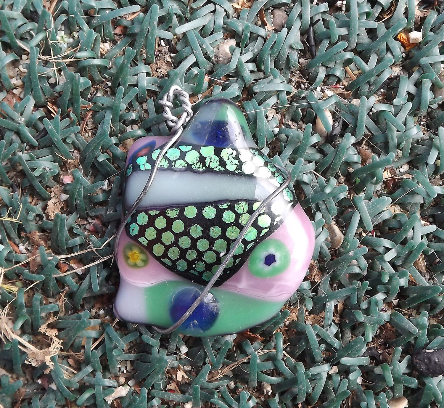 Clearance item large fused glass wire wrapped pendant