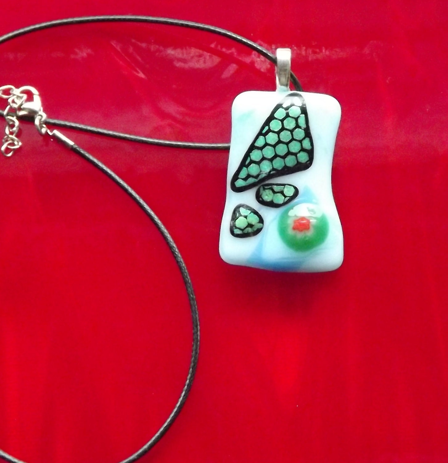 Handmade green blue red Fused Glass Pendant