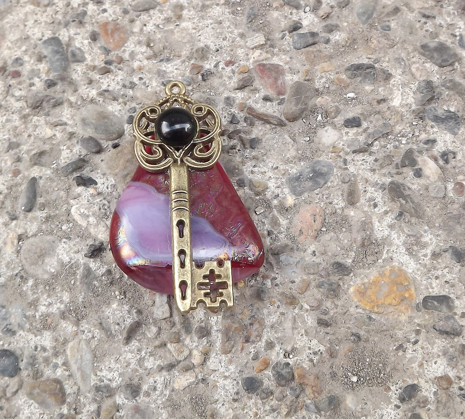 red pink key charm fused glass pendant