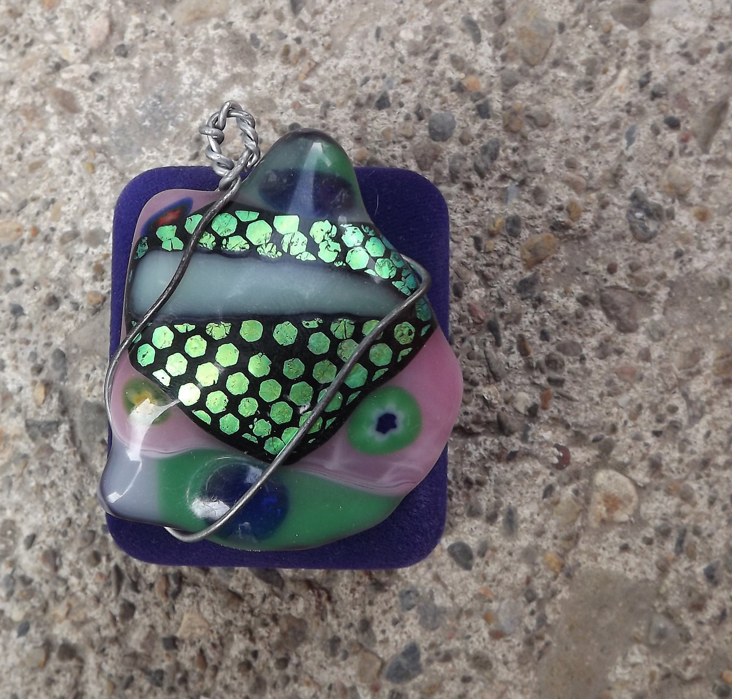 Clearance item large fused glass wire wrapped pendant