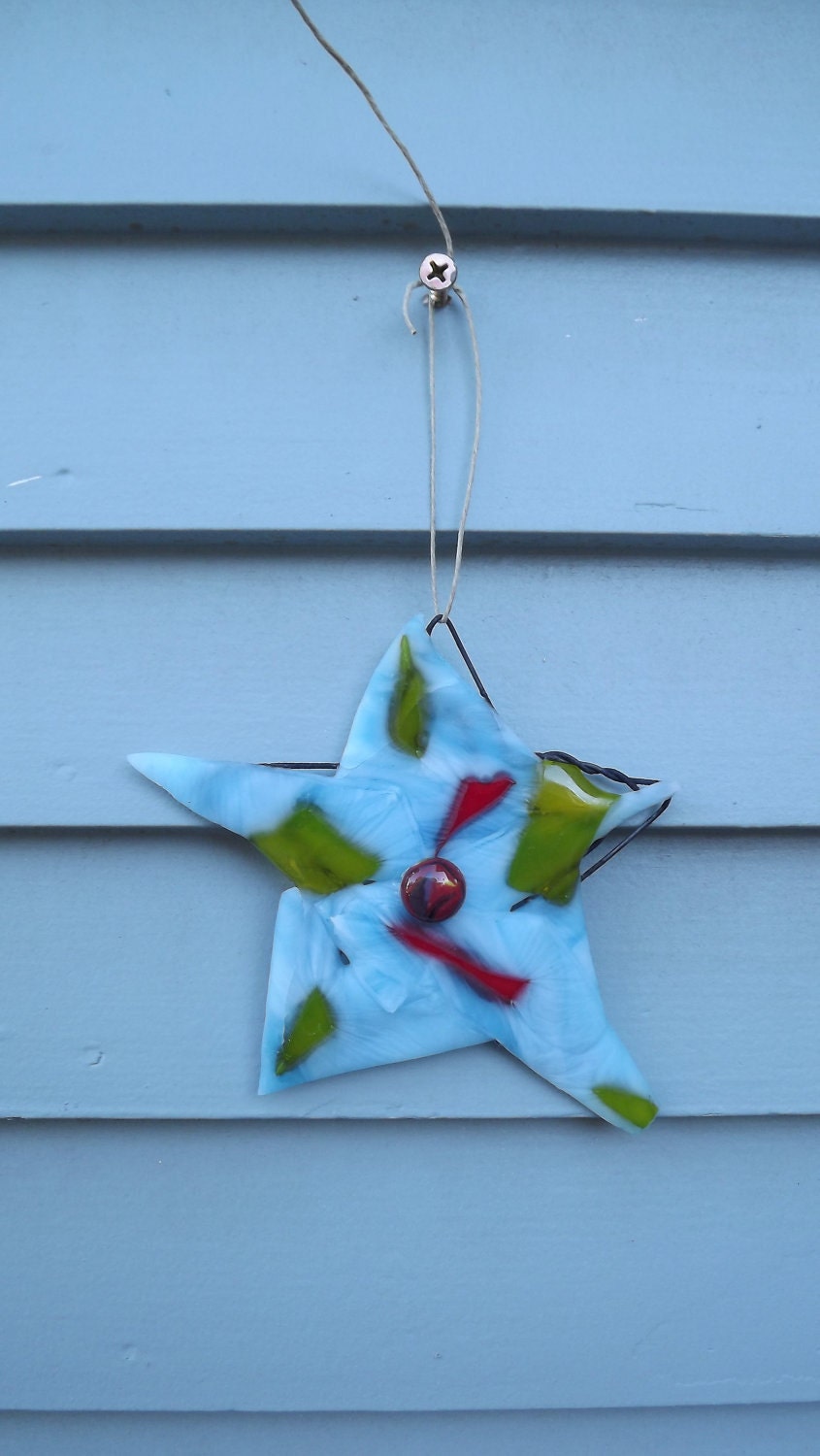 Blue fused glass star Christmas ornament
