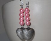 pink earrings pearl and antiqued silver heart dangle earrings bead pearl valentine