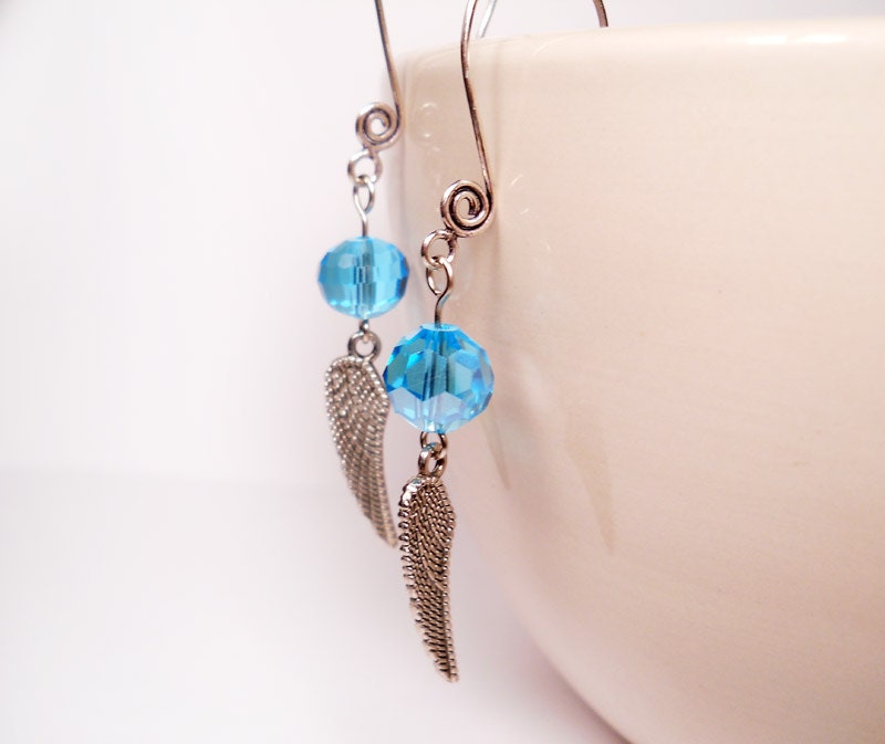 blue crystal beads with angel wings dangle