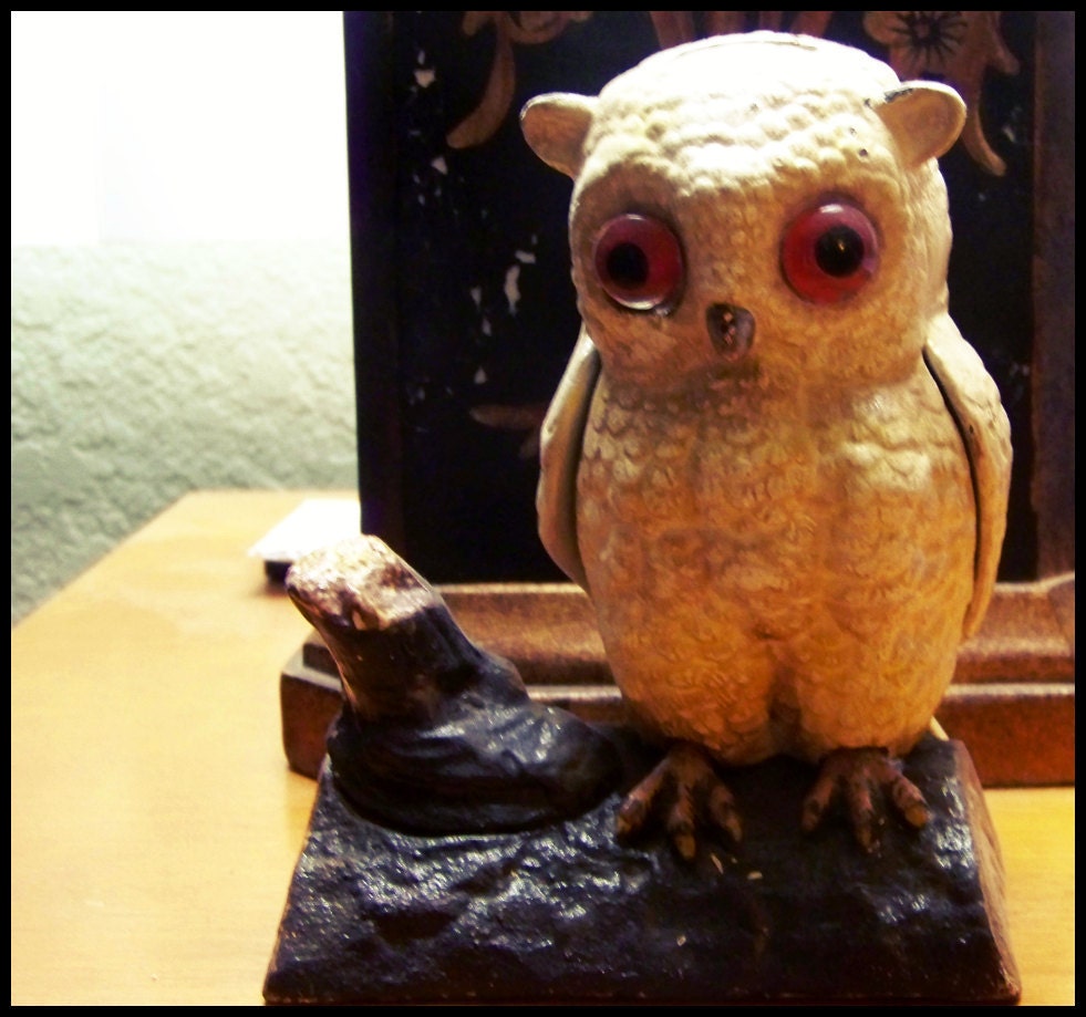 SOLD Reserved for Tamara Vintage Cast Iron Owl Money Bank