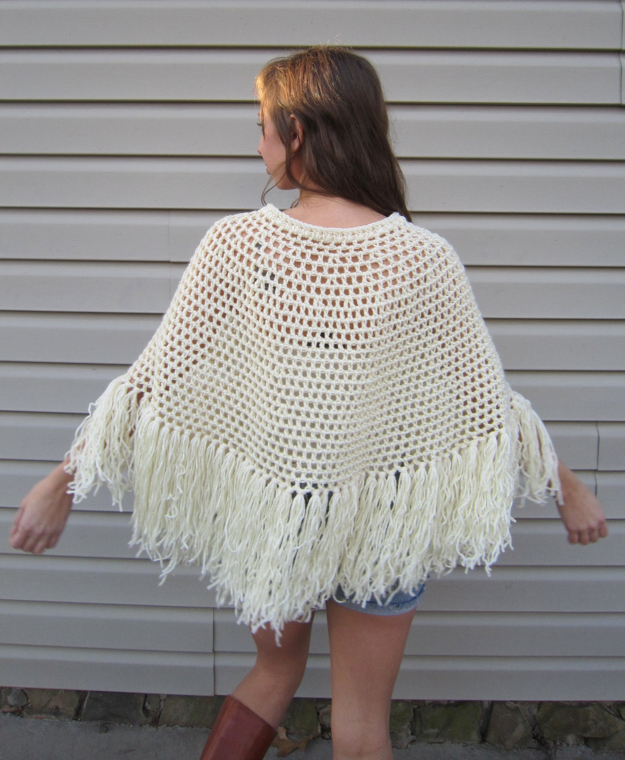 Crochet poncho, White, from vintage pattern, 1970. Vintage revival with some serious fringe