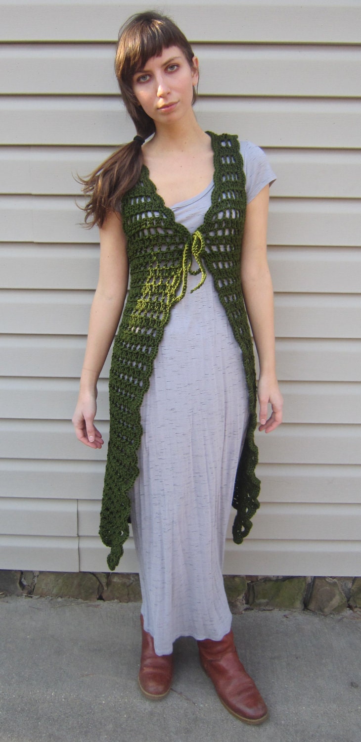 Green crochet vest, midi length vest, vintage, gypsy style from vintage pattern, 1970, size Medium