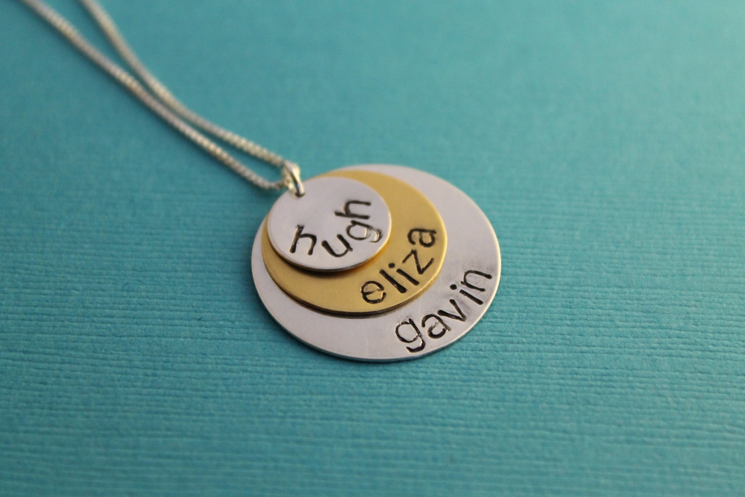 Custom Hand Stamped Two-Tone Stacked Disks Necklace Sterling Silver and Brass