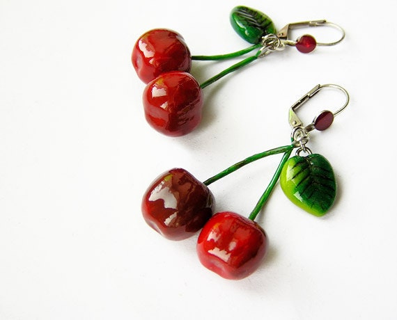 Red Cherry Earrings, cherry jewelry, bright jewelry, handmade