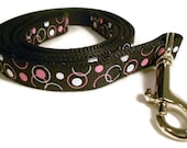 Dog leash lead - black with pink polka dots ribbon nylon backing - 4 feet long