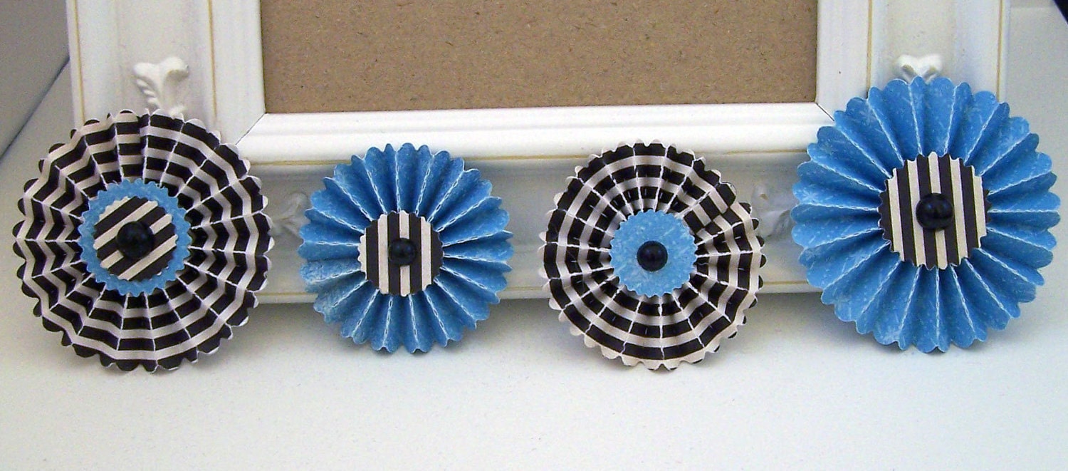 Set of 4 Striped Black and Blue Paper Rosette Embellishments