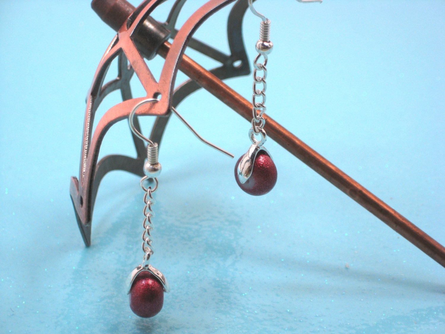 Red Stardust Dangle Earrings Red Earrings Stardust Red Bead Dangle Earrings Chain Dangle Earrings Red Stardust Beads Dangle Charm Bead