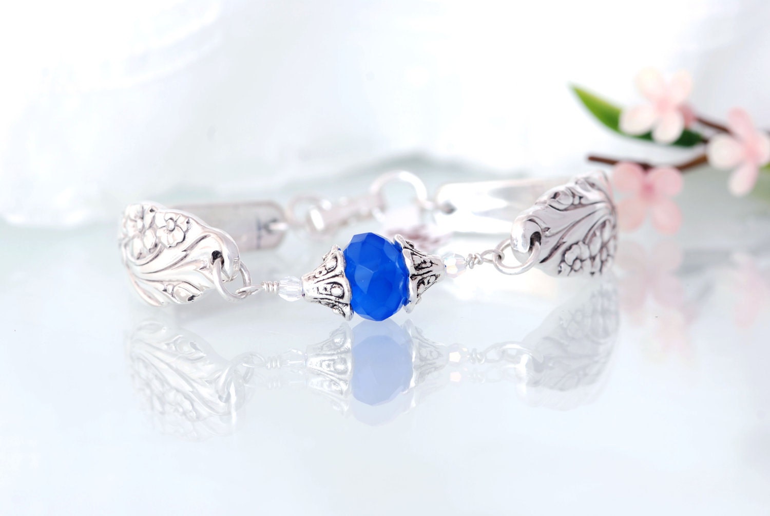 Spoon Bracelet - Blue quartz bracelet - Evening Star Silverware Bracelet - Silverware Bracelet - Vintage Spoon Bracelet (mf 651)