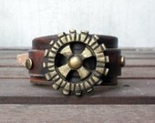 Leather Cuff Bracelet, with steampunk gears, antique Rivets and Buckle Closure