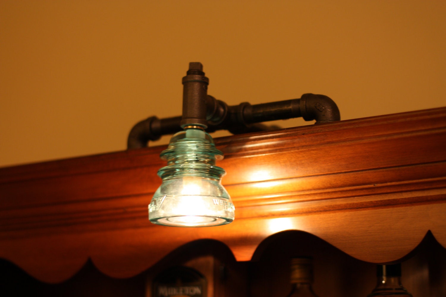 Unique Industrial Bookshelf Lamp with Antique Glass Insulator