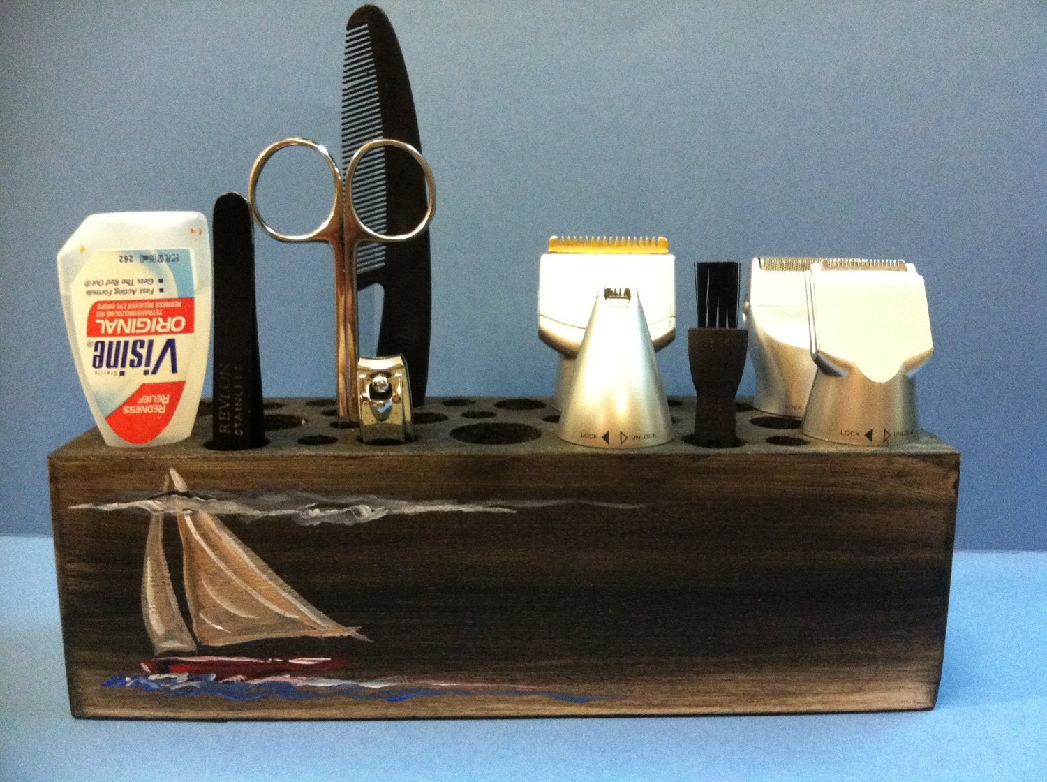 Handmade Wooden Makeup Brush Holder & Bathroom Organizer - Sailboat