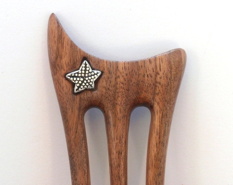 Wooden hair fork, 3 prong, Hair sticks, Wood, Metal sea star, Walnut, Hairpin, Handmade