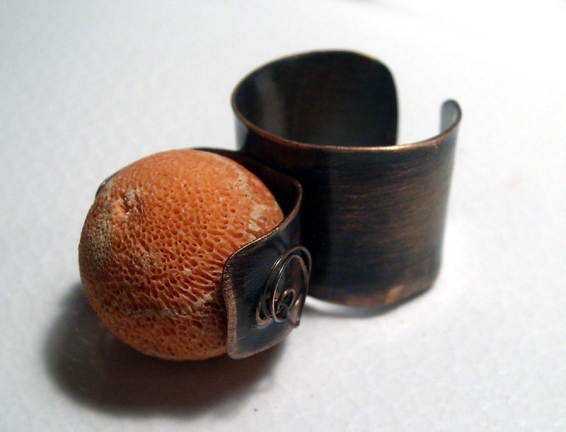 Orange ball copper adjustable handmade red natural coral ring organic ring . Free shipping