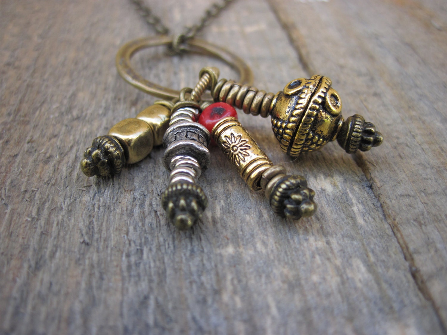 Tribal Necklace- Mixed Metal beads with coral accent