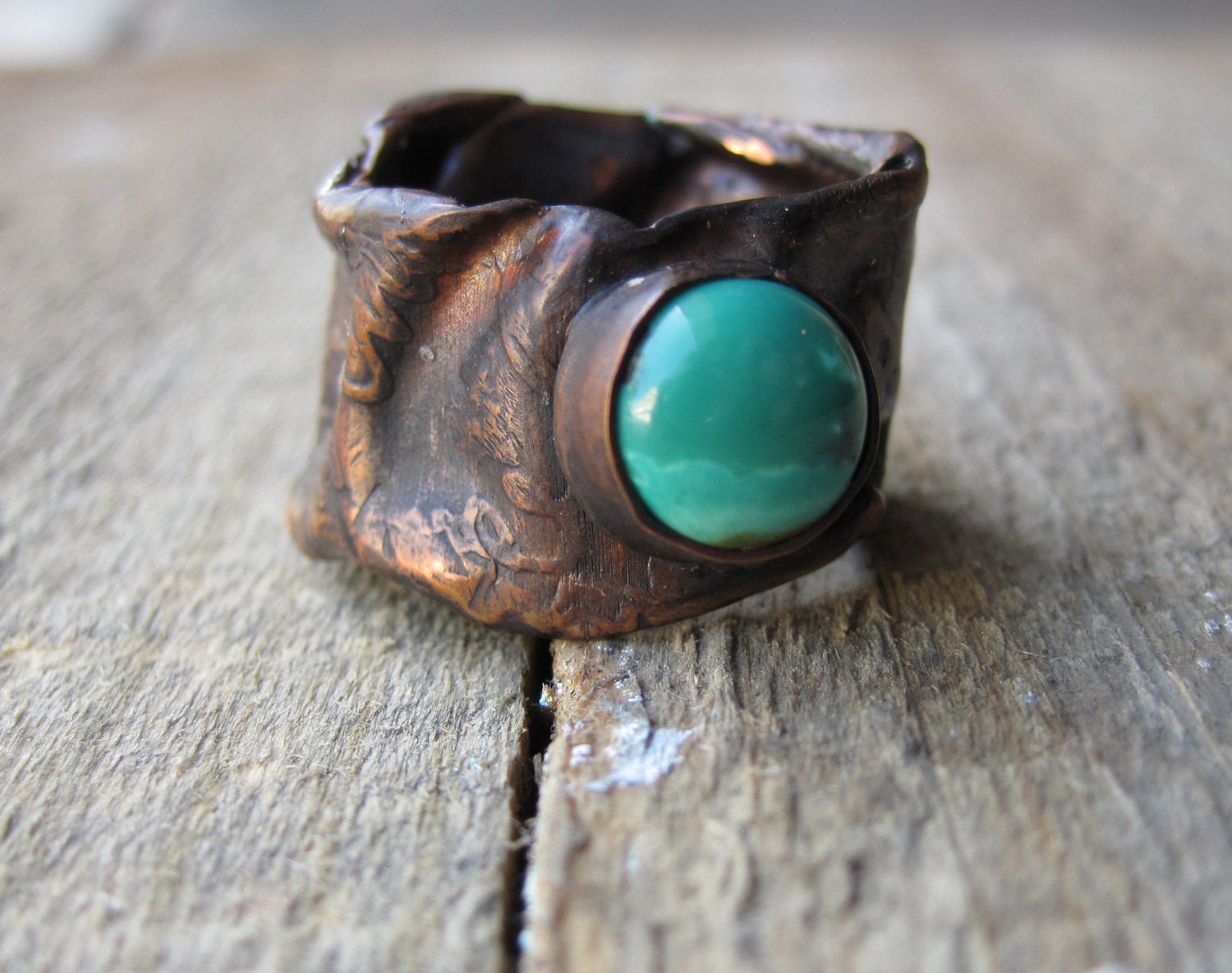 Etched Turquoise Ring- Wabi Sabi Copper Ring