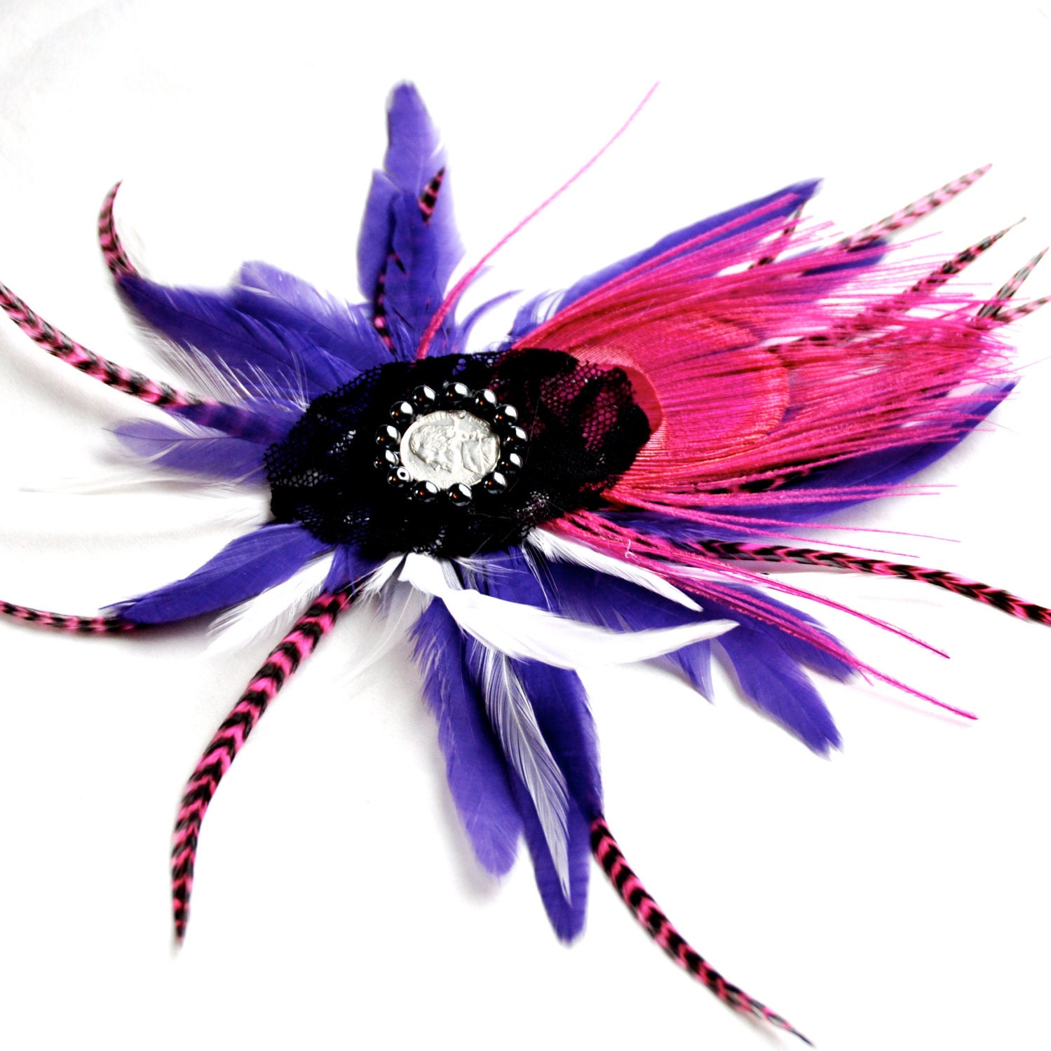 Pink Peacock Feather Fascinator Rave with Purple Accents and Nickle Centerpiece.