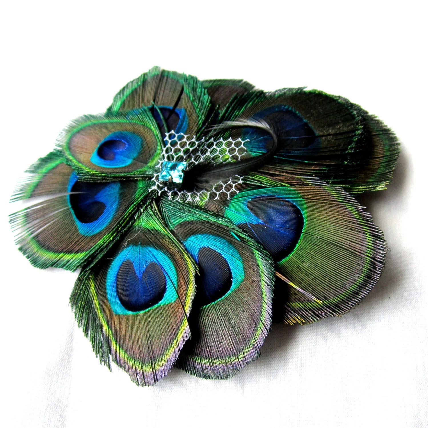 Peacock Bridal Feather Fascinator Wedding White Netting and Light Blue Rhinestone