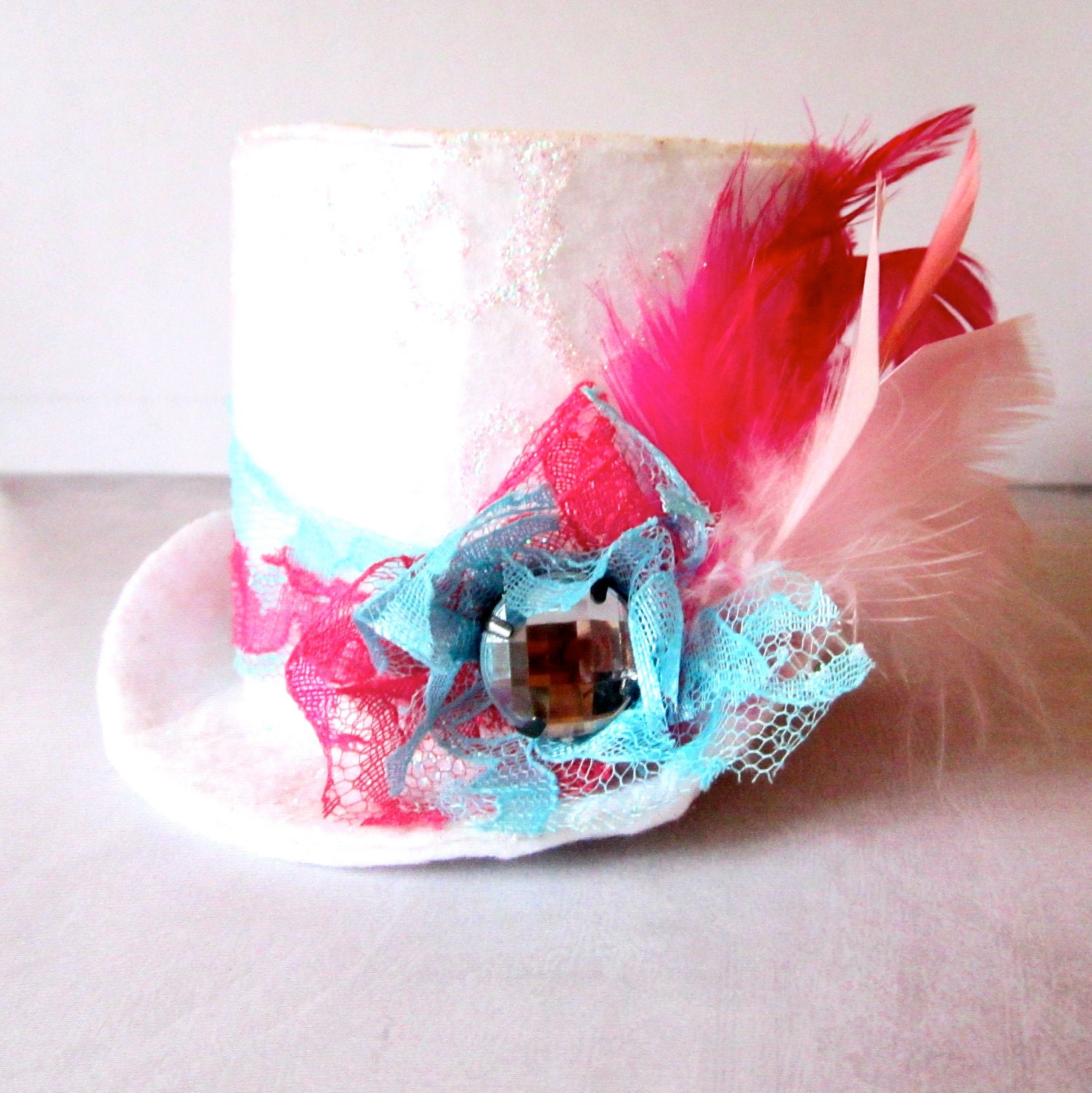 Halloween Mini Top Hat Pink with White Glitter and Lace