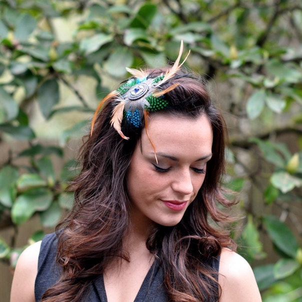 Fall Feather Fascinator Steampunk with Vintage Broach and Earth Tones