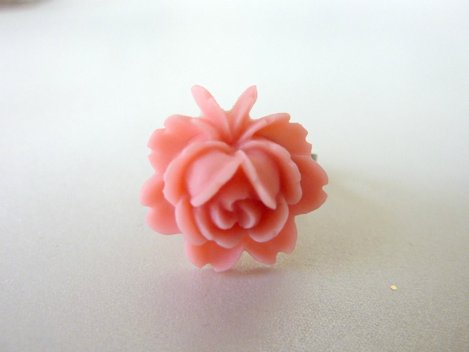 FLOWER RING coral peach pink ring resin adjustable brass vintage ring