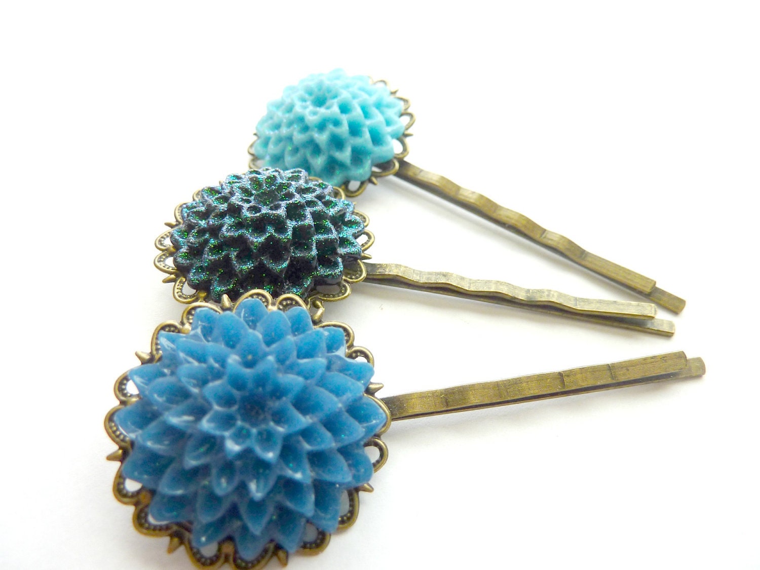 Vintage bobby hair pins iridescent deep green blue, teal and turquoise blue chrysanthemums flowers on antique filigree