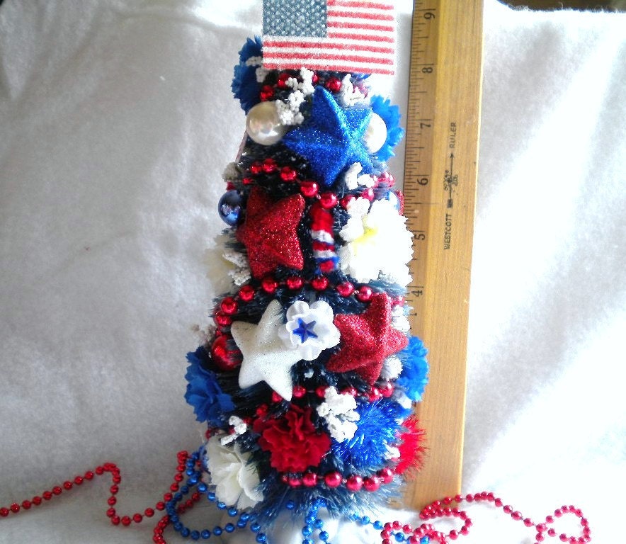 July 4 Patriotic Red, White & Blue Bottlebrush Tree Decoration. 9"  Party Decoration. Independence Day tree with flags and stars