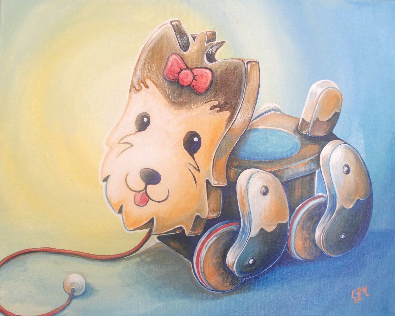 Yorkshire Terrier Vintage Pulltoy Original Painting - TheWhimsicalFrog Yorkshire Terrier Vintage Pulltoy Original Painting - TheWhimsicalFrog