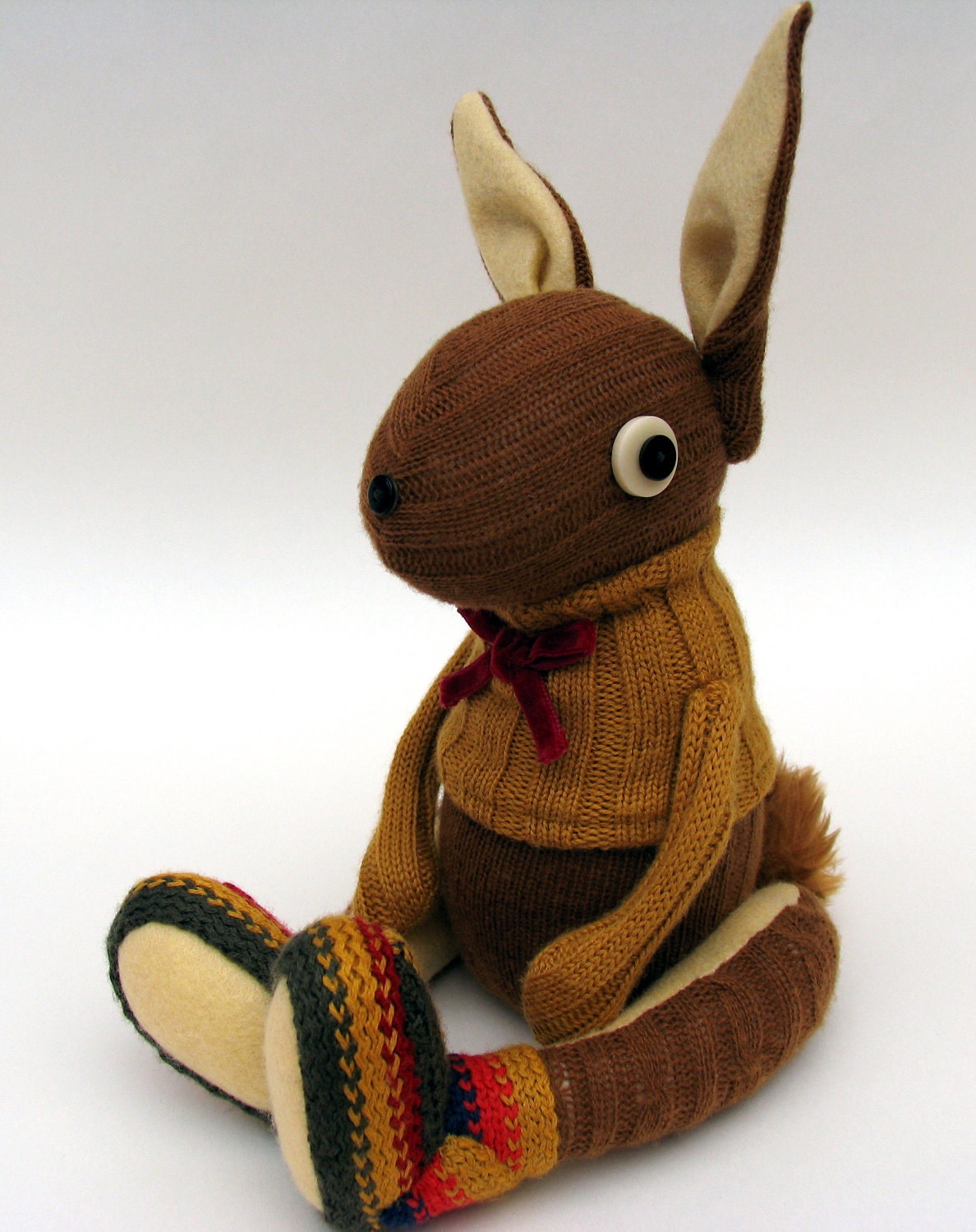 Woollen Rabbit - Handmade plush sculpture - brown woollen body with flesh coloured felt ears - wearing mustard woolly pullover.