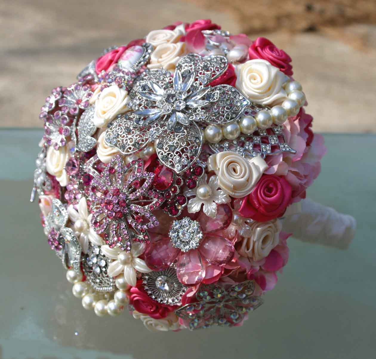 Vintage style broach pink wedding bouquet - Deposit on made to order bridal bouquet - Heirloom Bouquet