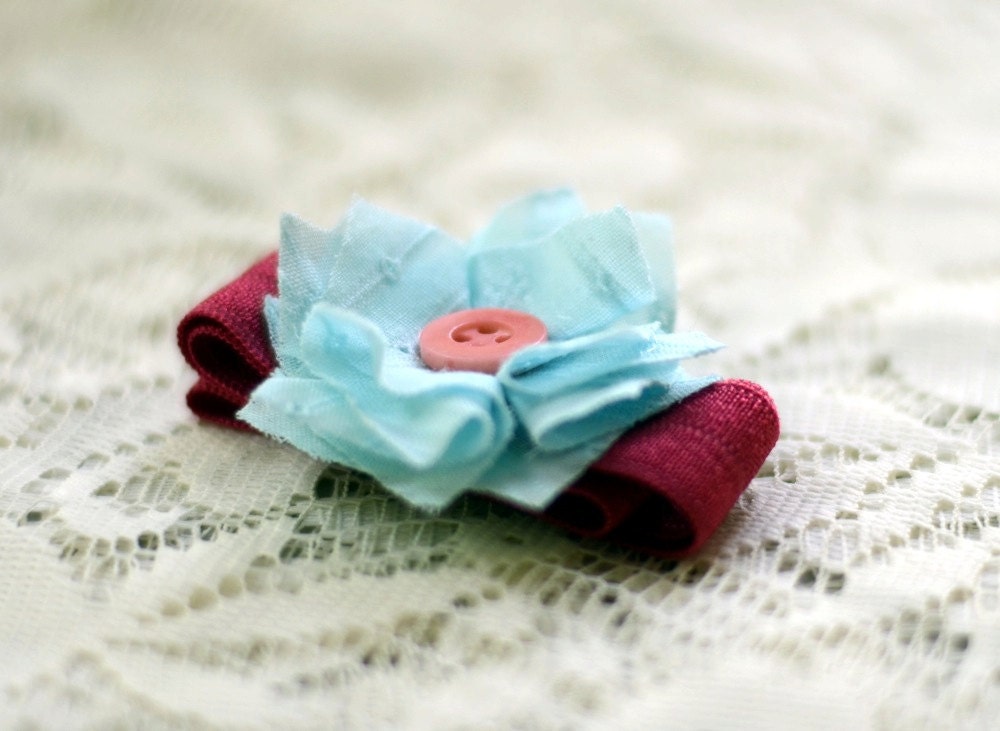 aqua and pink fabric flower headband--eco friendly upcycled infant fashion
