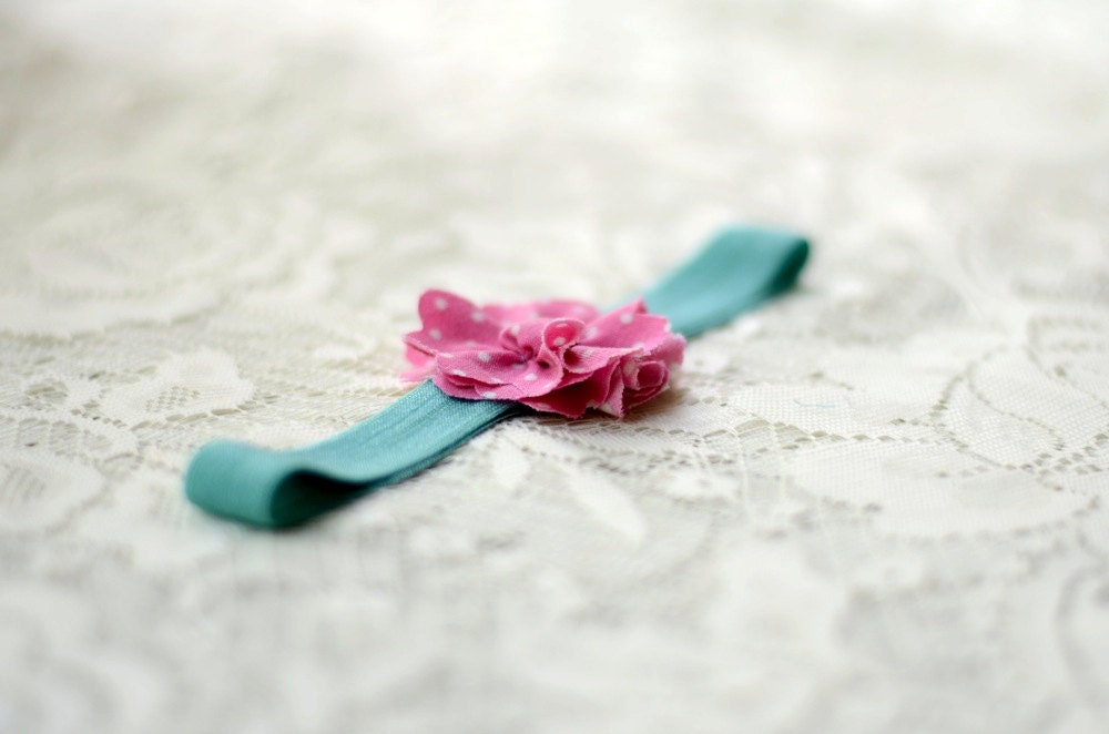 teal and pink polka dot fabric flower headband-infant size