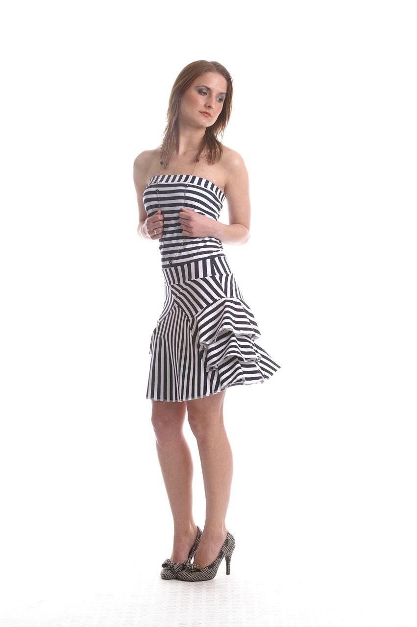 Striped dress S-size - strapless white dark blue - READY FOR SHIPPING - cabassole