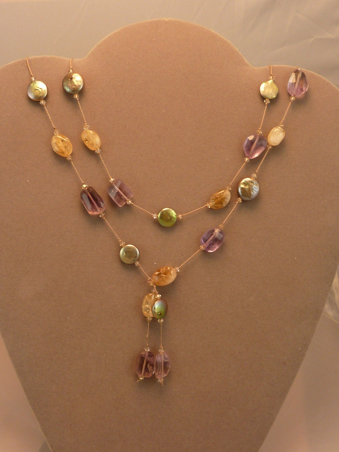 Hand knotted double lariat with faceted ametrine nuggets, coin pearl, and citrine