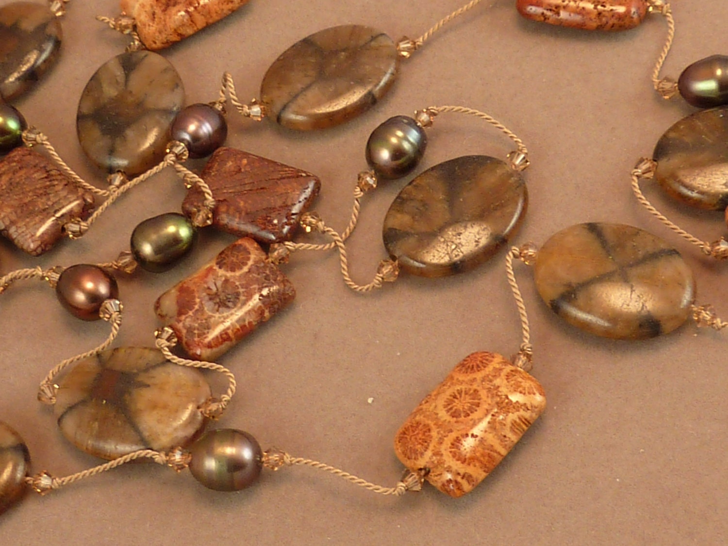 Fossil coral, chiastolite andalusite and freshwater pearl double necklace