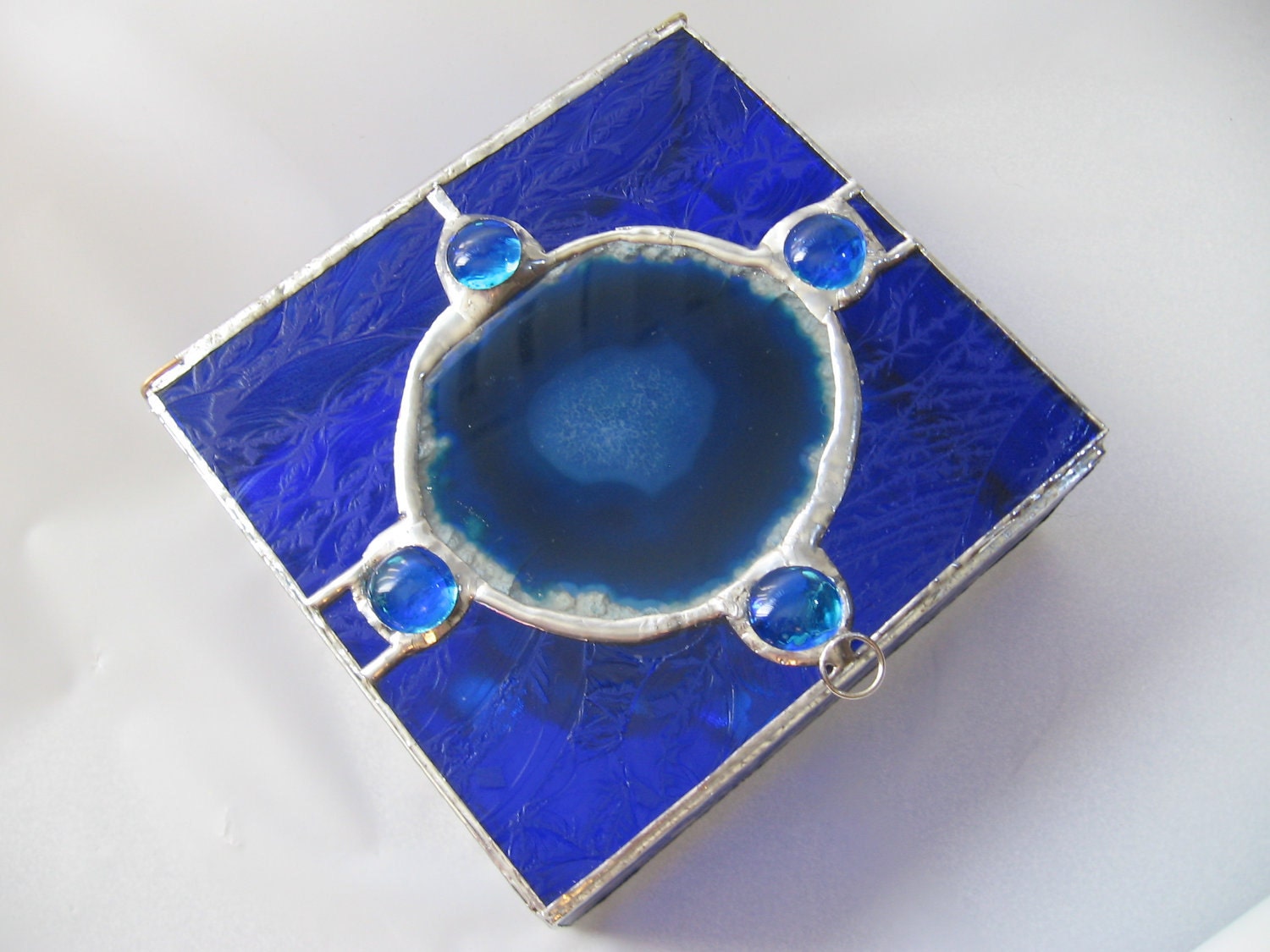CIJ sale Cobalt blue stained glass jewelry box with blue agate slice lid