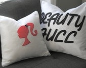 SALE 20.00. 16" Pink Girl Silhouette White Felt Pillow
