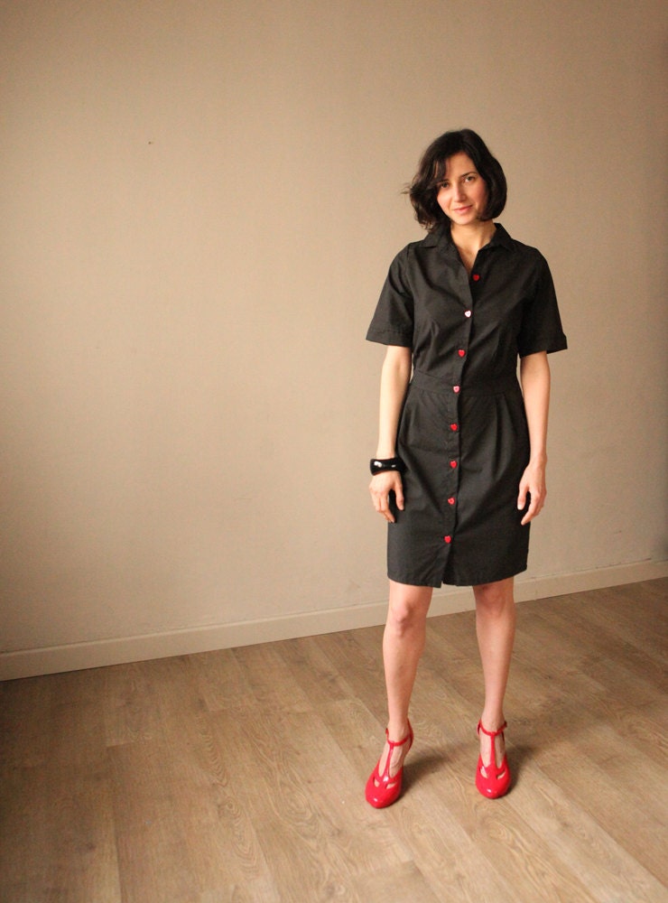 Black Dress , knee length Dress with Red Buttons