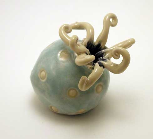 Sea Squirt ceramic mini sculpture, Ocean Mist Blue & Light Yellow, number 9