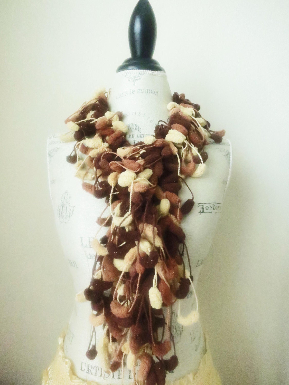 Curly Bubbles Crochet Scarf Scarves-Mocha Ivory Brown-Fashion Trendy-Woman Clothing-Woodland-Mulberry Curly