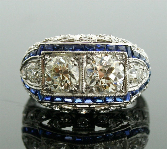 1920s Diamond Ring - Art Deco Diamond and Sapphire Ring