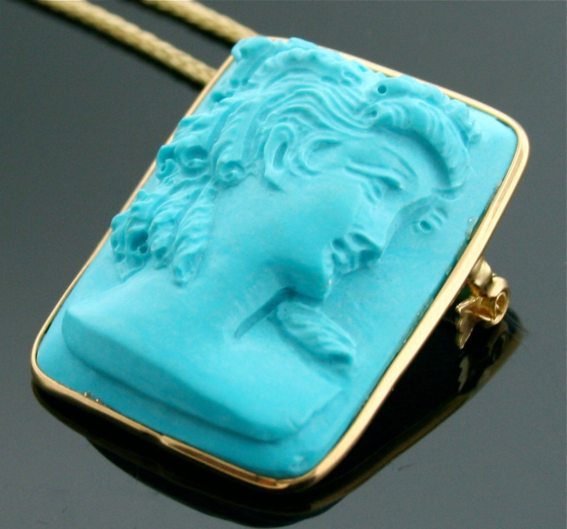 Vintage Italian 18k Yellow Gold Carved Turquoise Cameo on a 14K Yellow Gold Chain