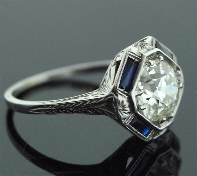 Antique Engagement Ring - 18k White Gold with 2 ct European Cut Diamond