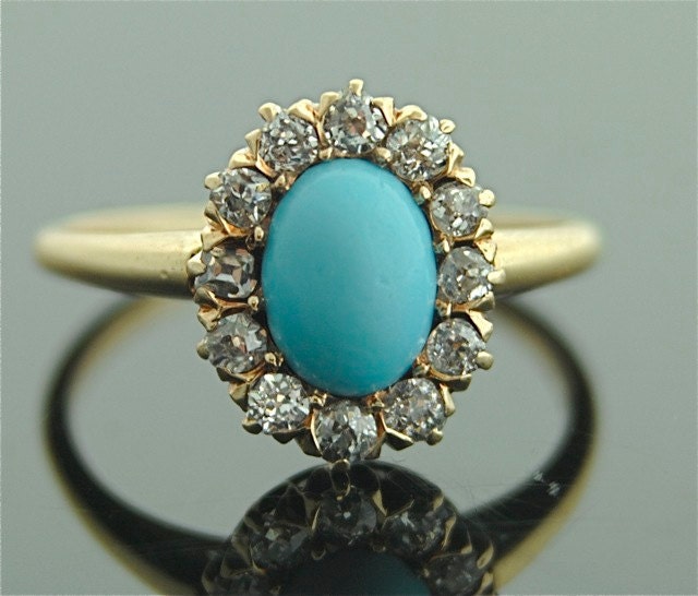 Antique Turquoise Ring - 14k Yellow Gold, Turquoise, Diamonds