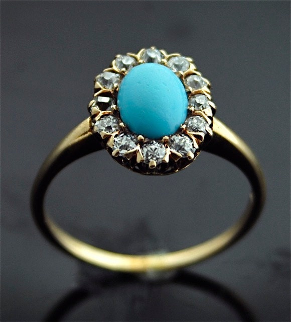 Antique Turquoise Ring - 14k Yellow Gold, Turquoise, Diamonds