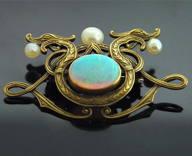 Opal Art Nouveau Dragon Brooch - Yellow Gold with Opal and Pearls
