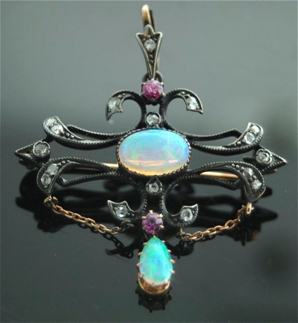Antique Opal Brooch - Yellow Gold, Ruby, Diamond, Opal Brooch